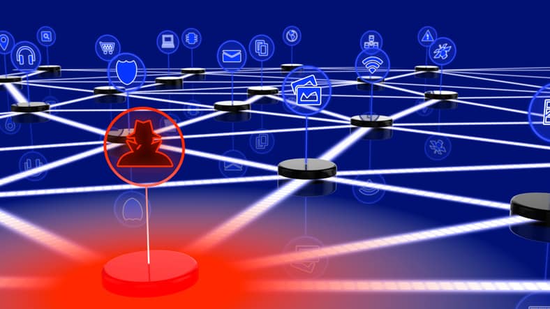 Illustration of a grid with network access points and hacker in front depicting attack surface management