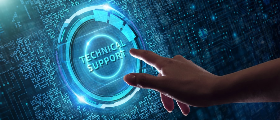 Woman's finger on a touch screen with the word technical support