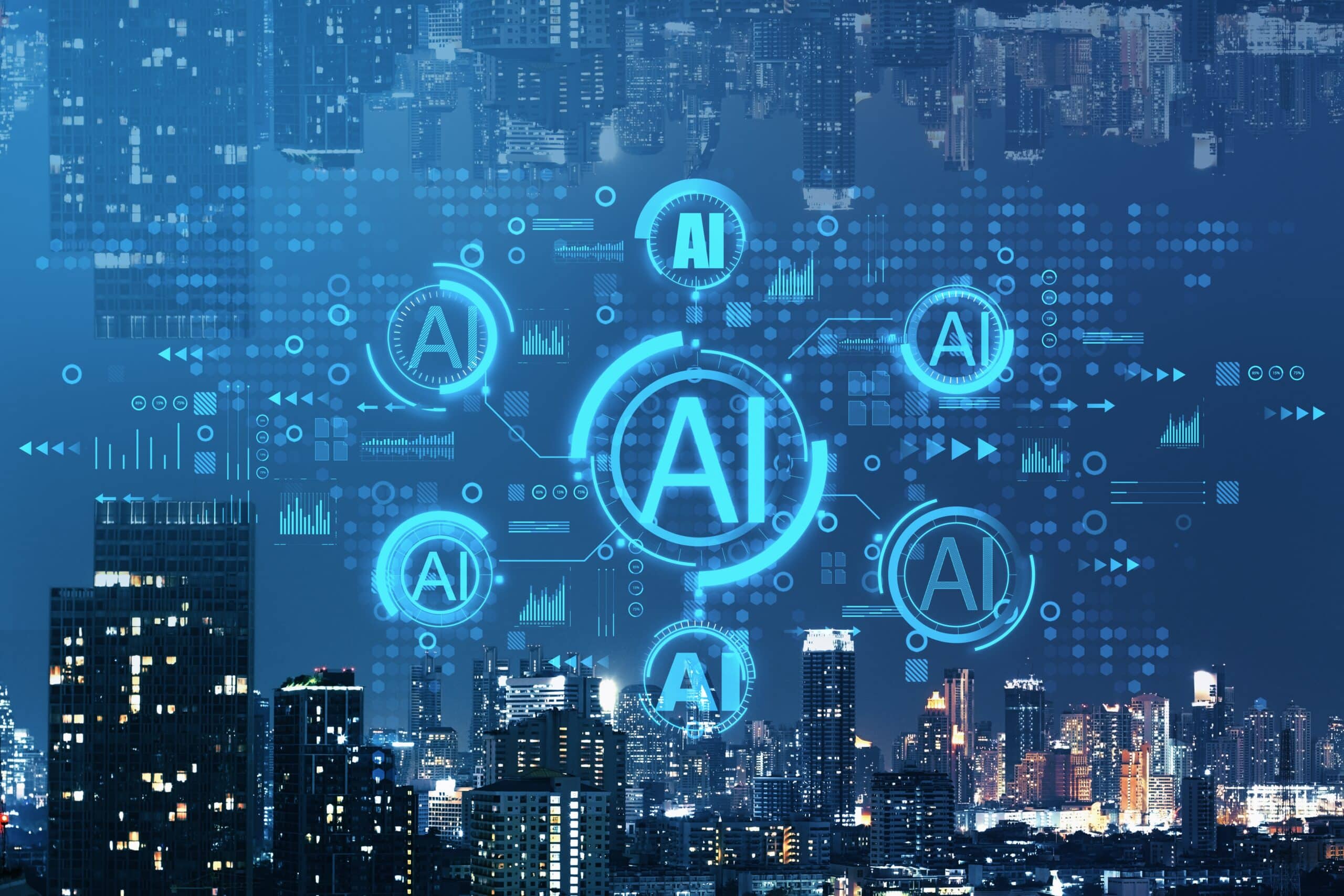 The words AI above a city